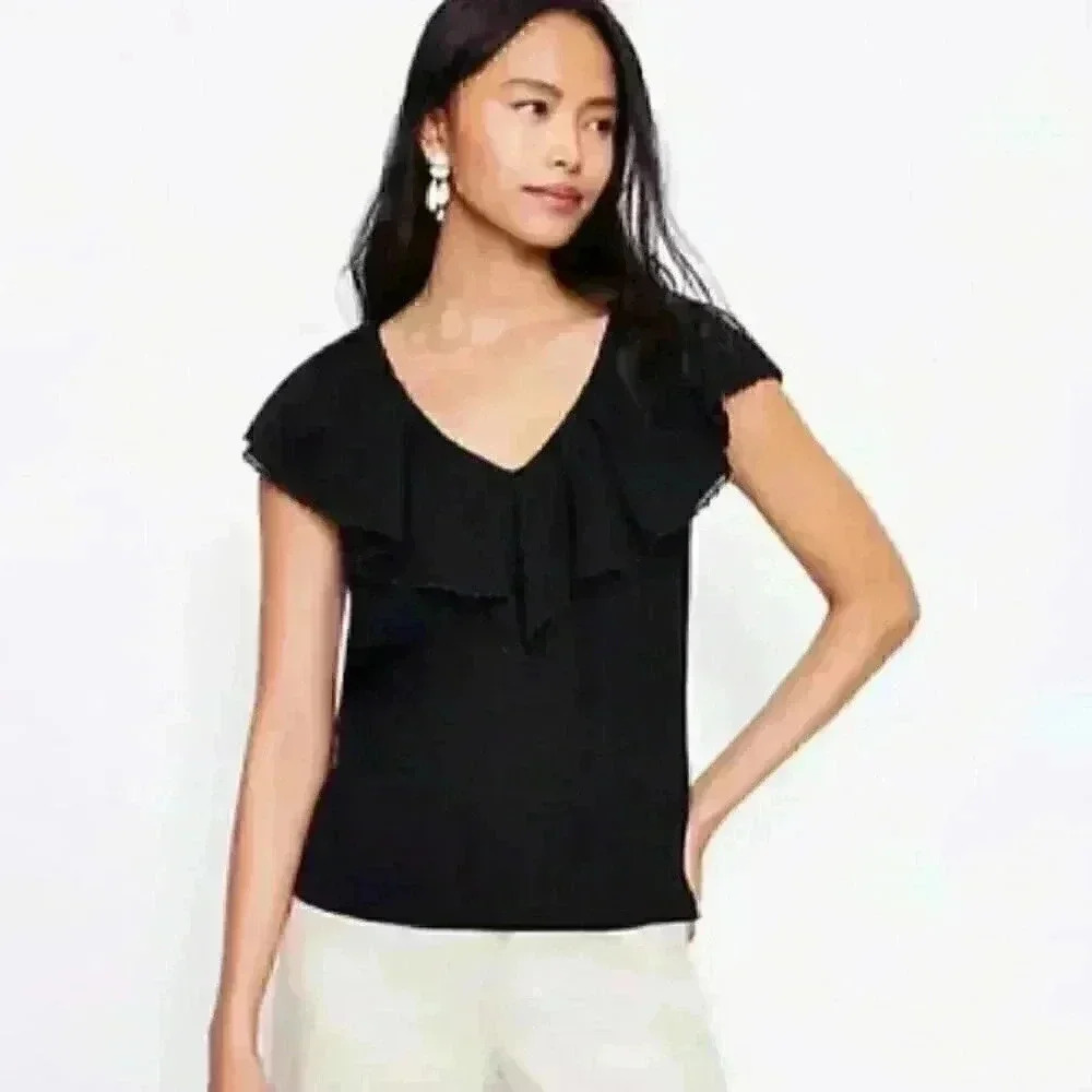 Ann Taylor Loft Ruffle Double V Shell black top blouse Sz xs loose fit